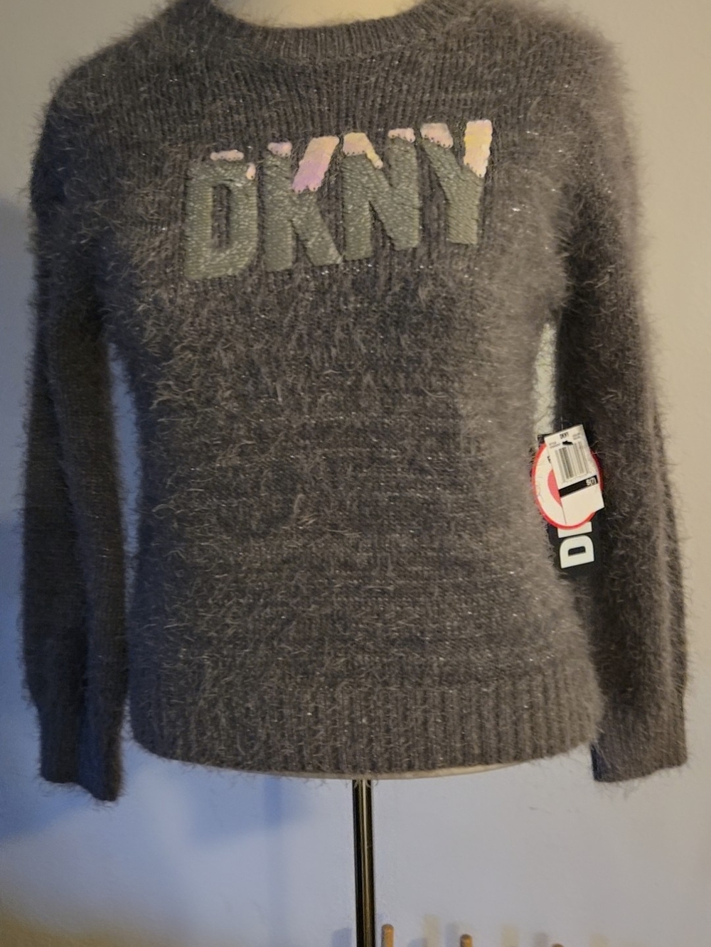 DKNY Gray Fuzzy Crewneck Sweater with Multicolor Logo